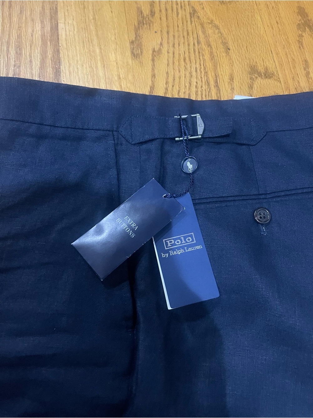 NWT Polo by Ralph Lauren Dark Navy Linen Pants with Side Adjusters Sz 34 x 33